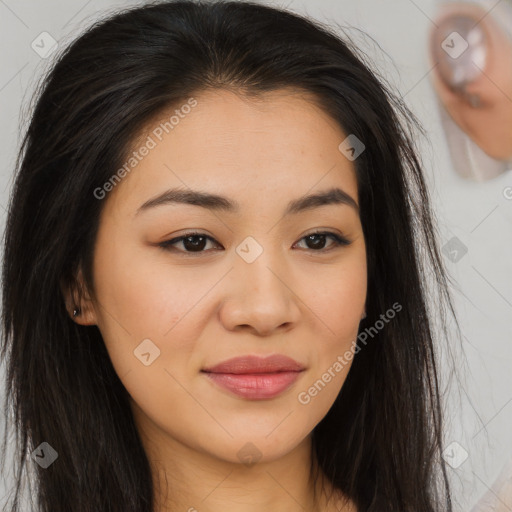 Joyful asian young-adult female with long  brown hair and brown eyes