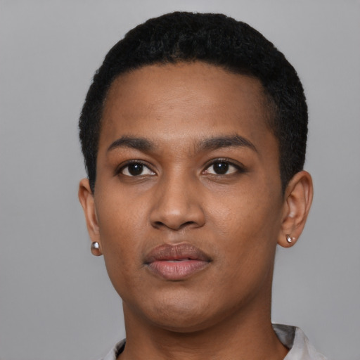 Neutral black young-adult male with short  black hair and brown eyes