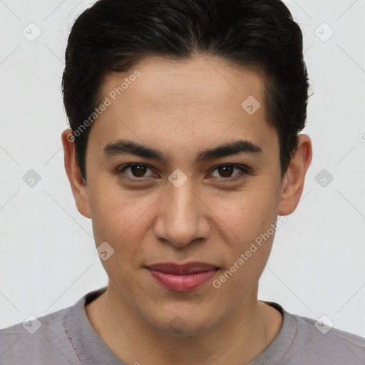 Joyful latino young-adult male with short  brown hair and brown eyes