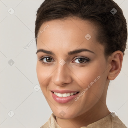 Joyful white young-adult female with short  brown hair and brown eyes