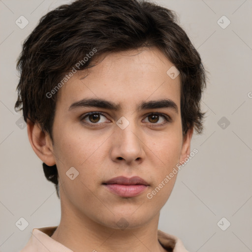 Neutral white young-adult male with short  brown hair and brown eyes