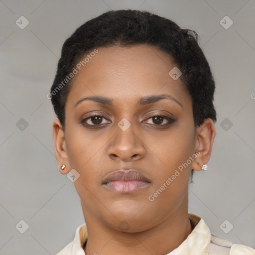 Neutral black young-adult female with short  brown hair and brown eyes