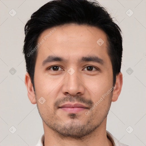 Neutral asian young-adult male with short  black hair and brown eyes