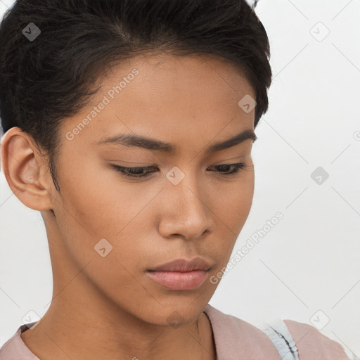 Neutral white young-adult female with short  brown hair and brown eyes