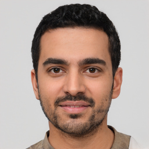 Neutral latino young-adult male with short  black hair and brown eyes