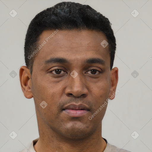 Neutral black young-adult male with short  black hair and brown eyes
