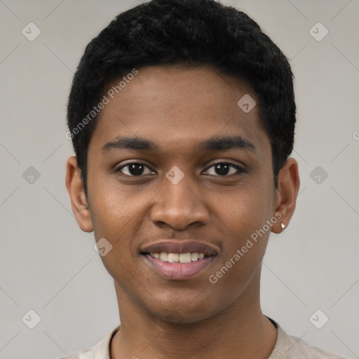 Joyful black young-adult male with short  black hair and brown eyes