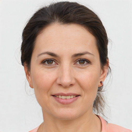 Joyful white adult female with medium  brown hair and brown eyes