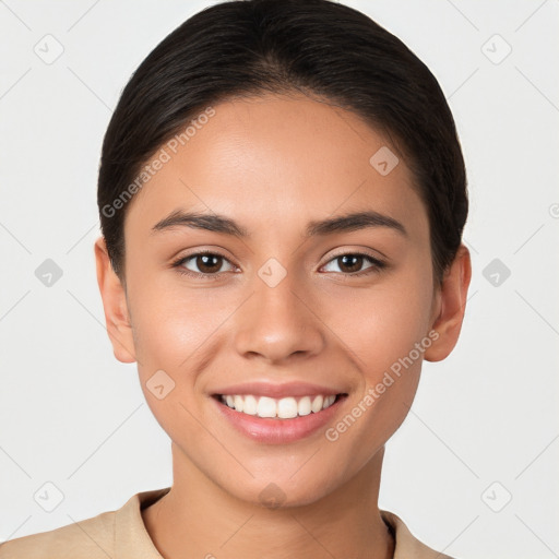 Joyful white young-adult female with short  brown hair and brown eyes