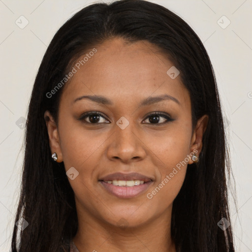 Joyful black young-adult female with long  brown hair and brown eyes