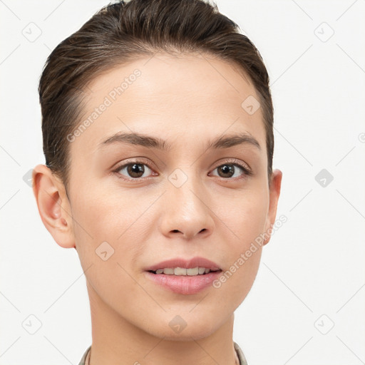 Joyful white young-adult female with short  brown hair and brown eyes