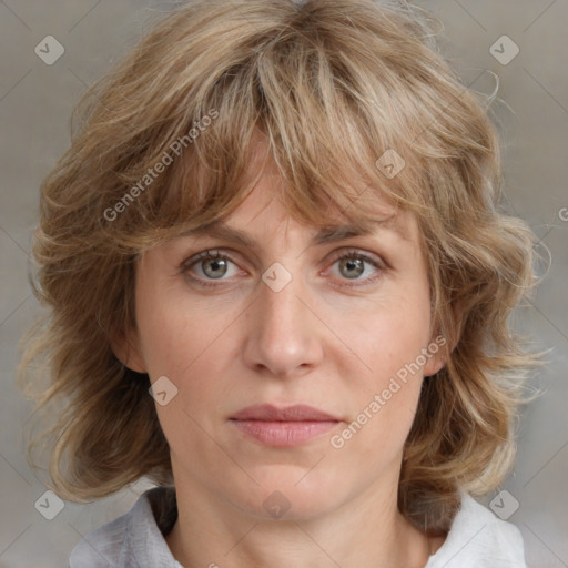 Joyful white adult female with medium  brown hair and blue eyes