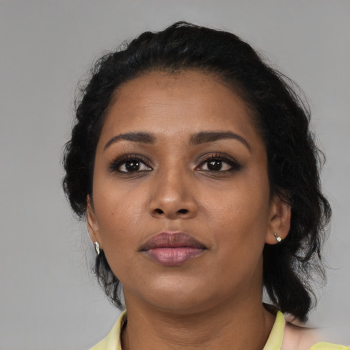 Neutral asian young-adult female with medium  black hair and brown eyes