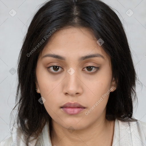 Neutral asian young-adult female with long  brown hair and brown eyes