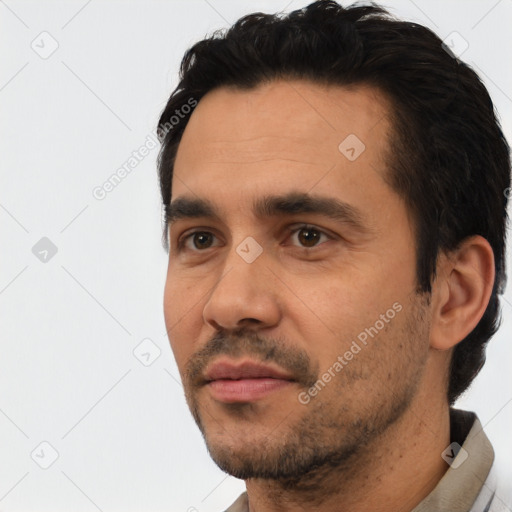 Neutral latino adult male with short  black hair and brown eyes