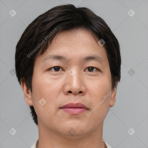 Neutral asian adult male with short  brown hair and brown eyes