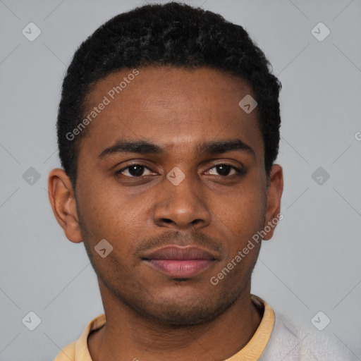 Neutral latino young-adult male with short  brown hair and brown eyes