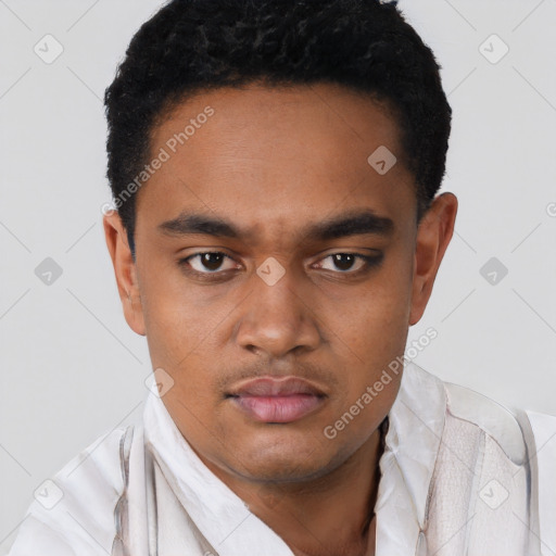 Neutral black young-adult male with short  black hair and brown eyes