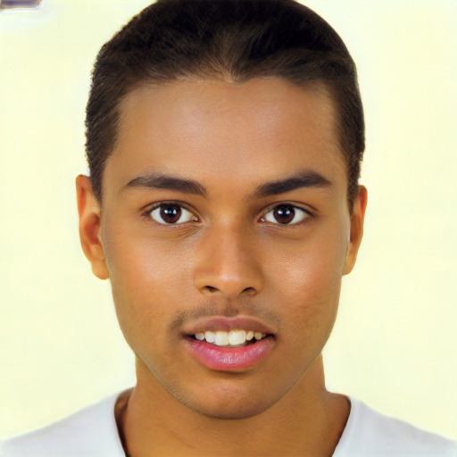 Joyful black young-adult male with short  brown hair and brown eyes