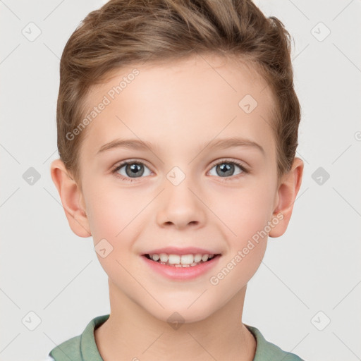 Joyful white child female with short  brown hair and brown eyes