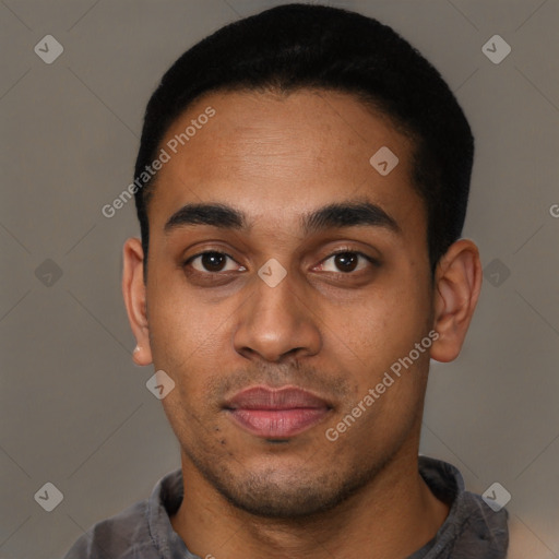 Neutral latino young-adult male with short  black hair and brown eyes