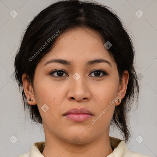 Neutral white young-adult female with medium  brown hair and brown eyes