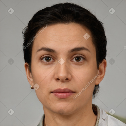 Neutral white young-adult female with short  brown hair and brown eyes