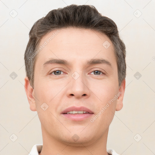 Neutral white young-adult male with short  brown hair and brown eyes