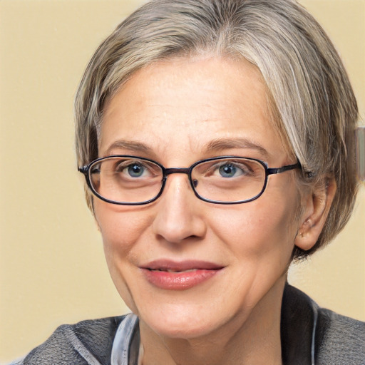 Joyful white middle-aged female with medium  brown hair and blue eyes