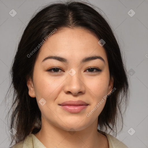 Joyful asian young-adult female with medium  brown hair and brown eyes