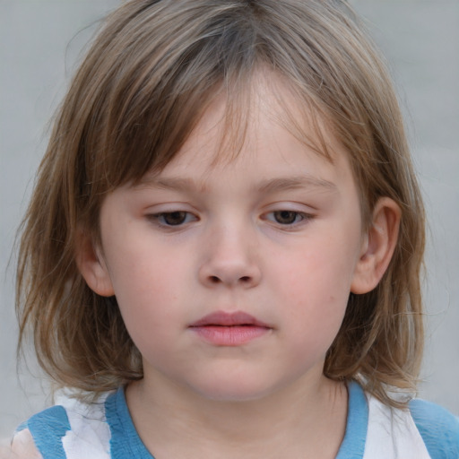 Neutral white child female with medium  brown hair and blue eyes