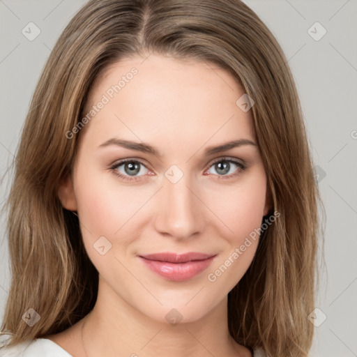 Joyful white young-adult female with medium  brown hair and green eyes