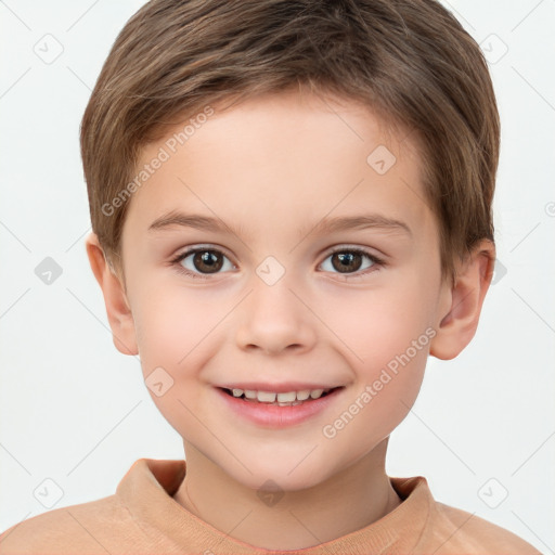 Joyful white child male with short  brown hair and brown eyes