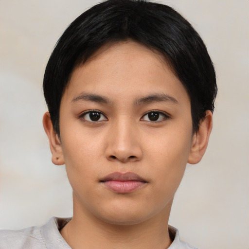 Neutral asian young-adult female with short  black hair and brown eyes