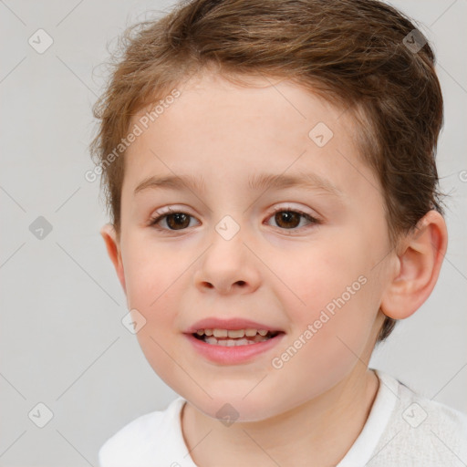 Joyful white child male with short  brown hair and brown eyes