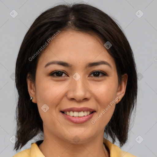 Joyful white young-adult female with medium  brown hair and brown eyes