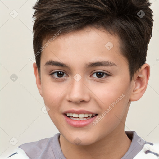 Joyful white child male with short  brown hair and brown eyes