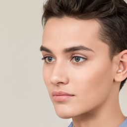 Neutral white young-adult female with short  brown hair and brown eyes
