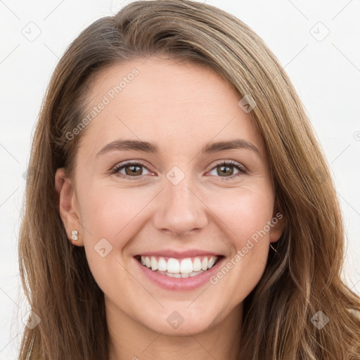 Joyful white young-adult female with long  brown hair and grey eyes