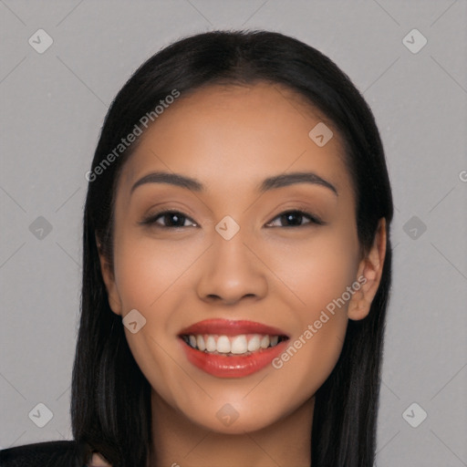 Joyful latino young-adult female with long  black hair and brown eyes