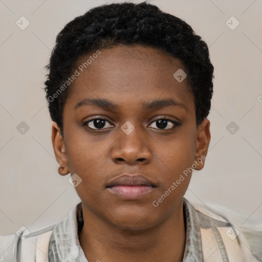 Neutral black young-adult female with short  brown hair and brown eyes