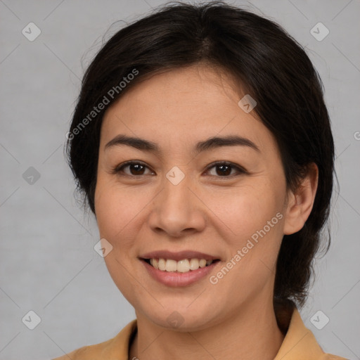 Joyful latino young-adult female with medium  brown hair and brown eyes