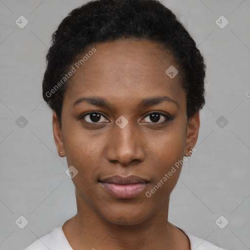 Neutral black young-adult female with short  black hair and brown eyes