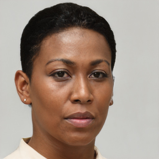 Neutral black young-adult female with short  brown hair and brown eyes