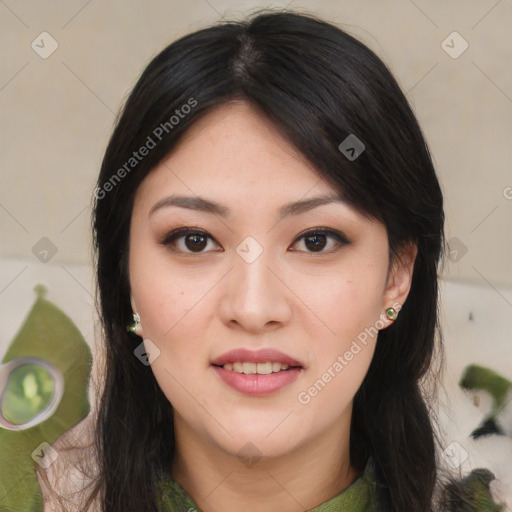 Joyful asian young-adult female with medium  black hair and brown eyes