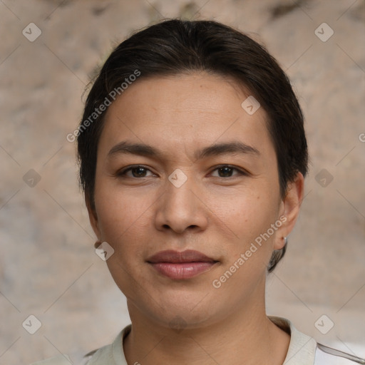 Joyful white young-adult female with short  brown hair and brown eyes