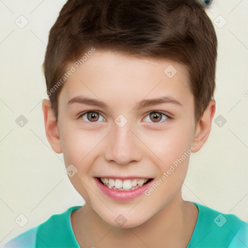 Joyful white child male with short  brown hair and brown eyes