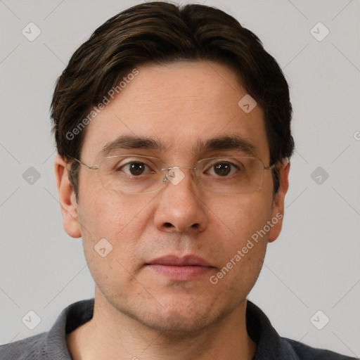 Neutral white adult male with short  brown hair and brown eyes