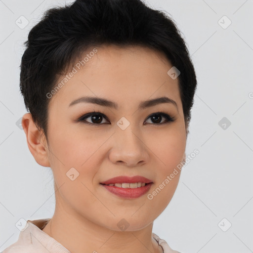 Joyful asian young-adult female with short  brown hair and brown eyes