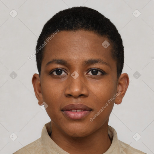 Neutral black young-adult female with short  black hair and brown eyes